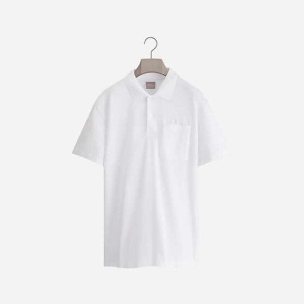 ディオール製コットンポロシャツ、刺繍ロゴ入りポケット付き、半袖、ホワイト。