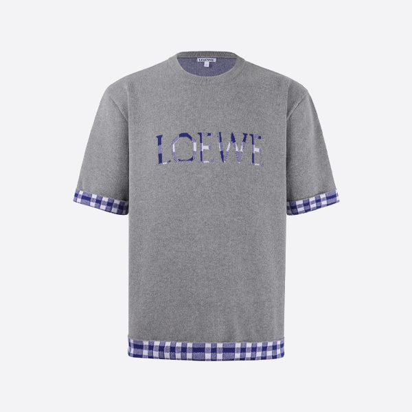 ロエベのチェック柄カラーブロックニット半袖シャツ（グレー）