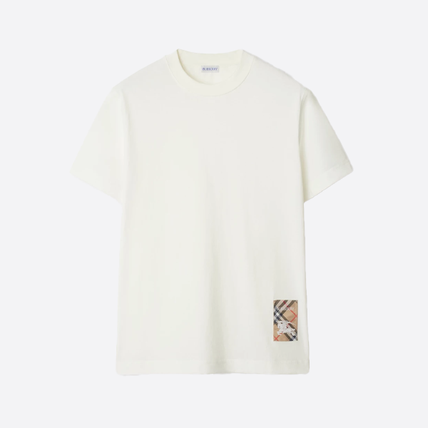 バーバリーのチェック柄乗馬アップリケ付き半袖シャツ、ホワイト