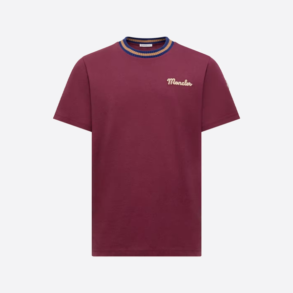 モンクレール ニットストライプ半袖Tシャツ（ネックラインに刺繍文字入り）