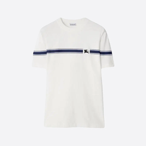 バーバリー ストライプ柄刺繍入り馬モチーフ半袖シャツ、ホワイト