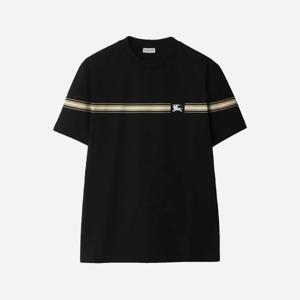 バーバリー ストライププリント ホース刺繍入り 半袖Tシャツ、ブラック