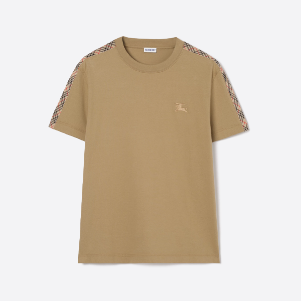 バーバリー 乗馬刺繍入りショルダーチェック柄ウェビング半袖シャツ、イエロー