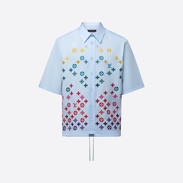 ルイ・ヴィトン モノグラム刺繍入り透かし彫り半袖シャツ、ブルー