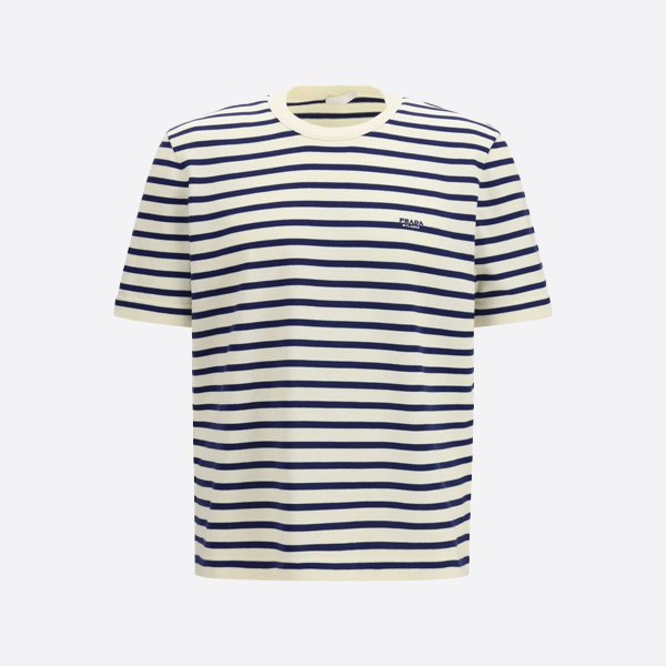 プラダの黒と白のストライプ刺繍入りニット半袖Tシャツ