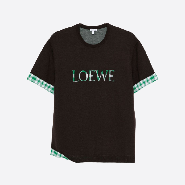 ロエベのチェック柄パッチワークニット半袖シャツ