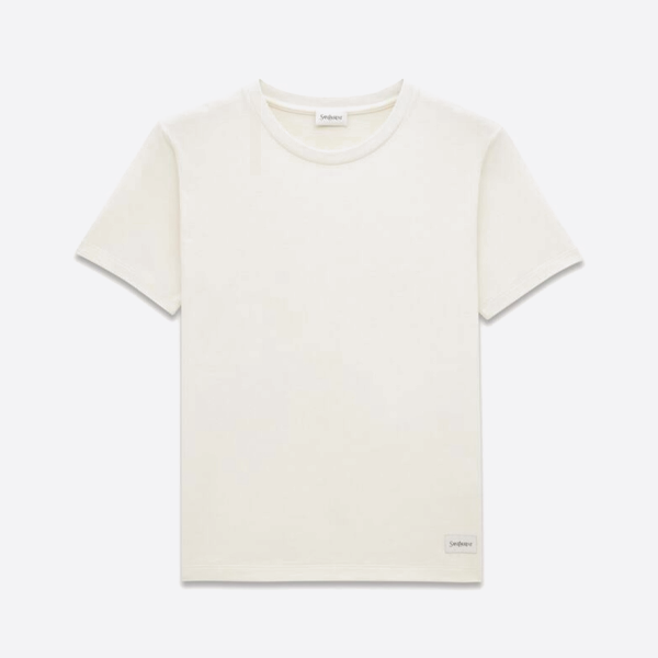 サンローランの裾にラベルが付いた半袖Tシャツ