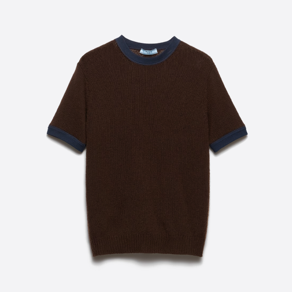 プラダ カラーブロック ニット 半袖 カシミヤセーター、ブラウン