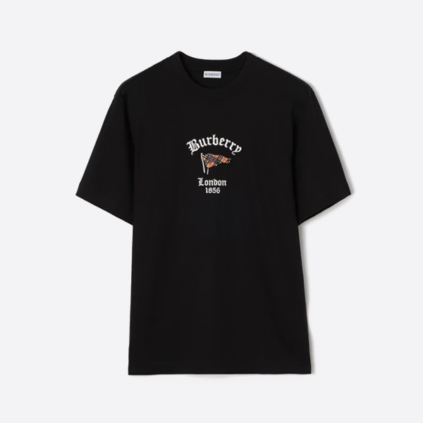バーバリー刺繍入りフラッグ柄半袖Tシャツ、ブラック