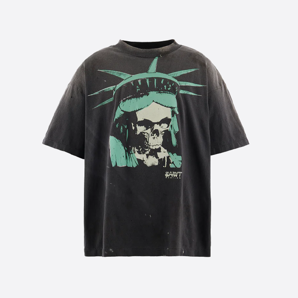 聖ミカエルの頭蓋骨と自由の女神のプリント入り半袖Tシャツ