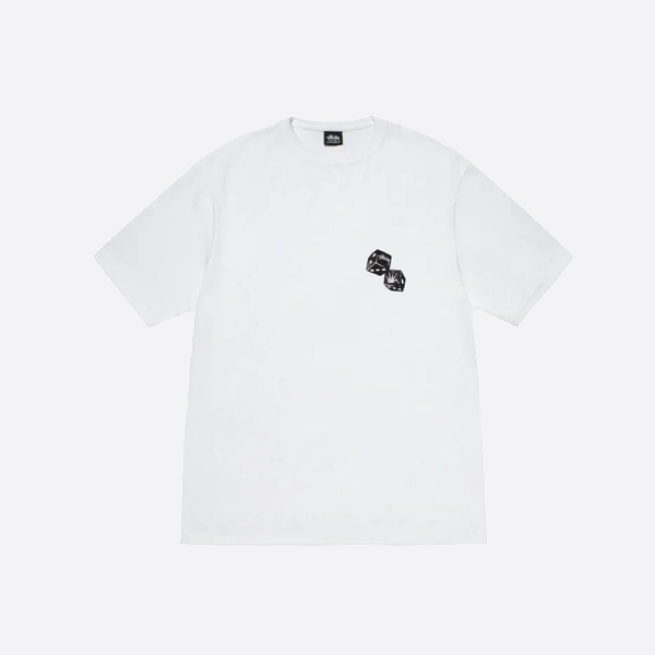 Stussy クルーネック半袖シャツ（背面にサイコロ柄プリント）、ホワイト