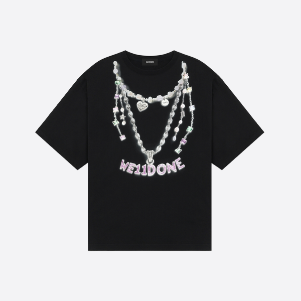 we11done カラーダイヤモンドパールネックレスプリント半袖Tシャツ