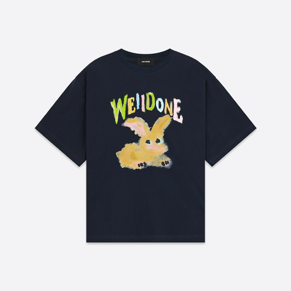 WE11DONE うさぎ柄半袖Tシャツ、ネイビーブルー