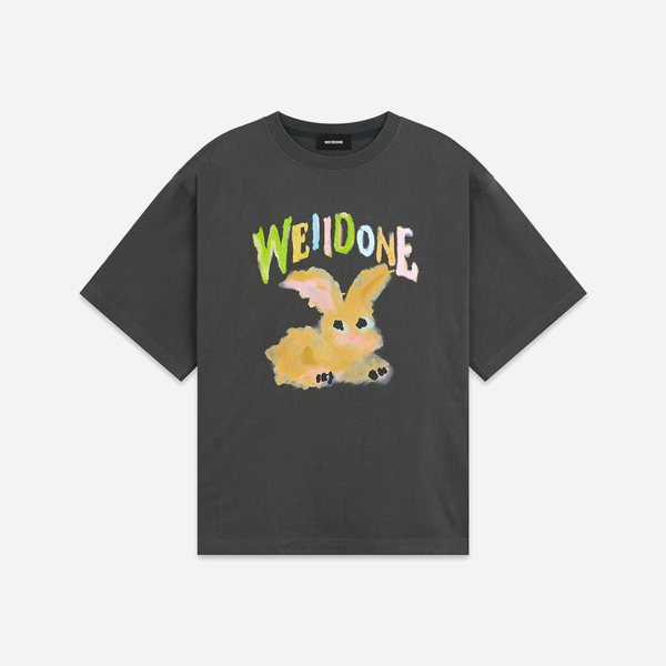 WE11DONE うさぎ柄プリント半袖Tシャツ、グレー