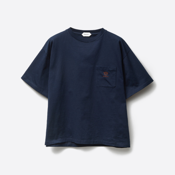 ヴェルサーチ 刺繍パッチポケット付き半袖Tシャツ、ブルー