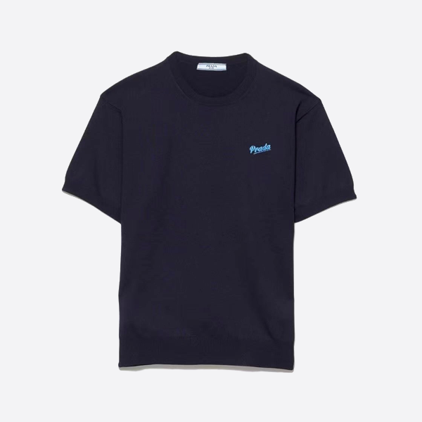 プラダ ツートーン ロゴ インターシャ ニット 半袖Tシャツ、ブルー