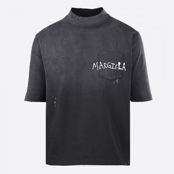 エムエムシックス メゾン マルジェラ ポケット グラフィティ ダメージ モックネック Tシャツ チャコール