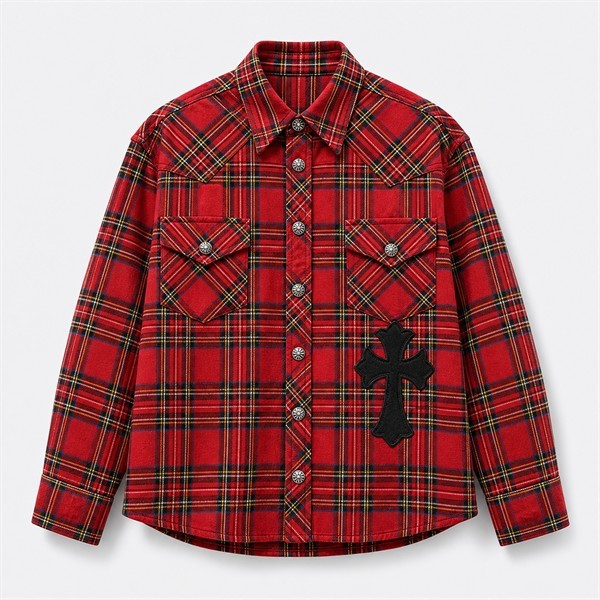 クロムハーツ Plaid Flame Leather Patchwork レザーパッチ シャツ