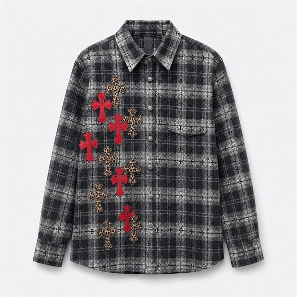 クロムハーツ Plaid Leather Patchwork レザーパッチ シャツ ブラック
