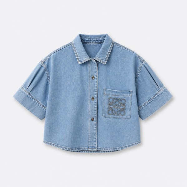 ロエベ ライトブルー グラフィックプリント ロゴ刺繍 デニム ポケットディテール シャツ