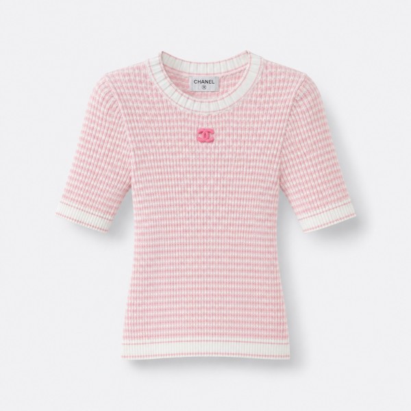 シャネル グラフィックプリント ロゴ刺繍 ボーダー 透かし編み ニットTシャツ