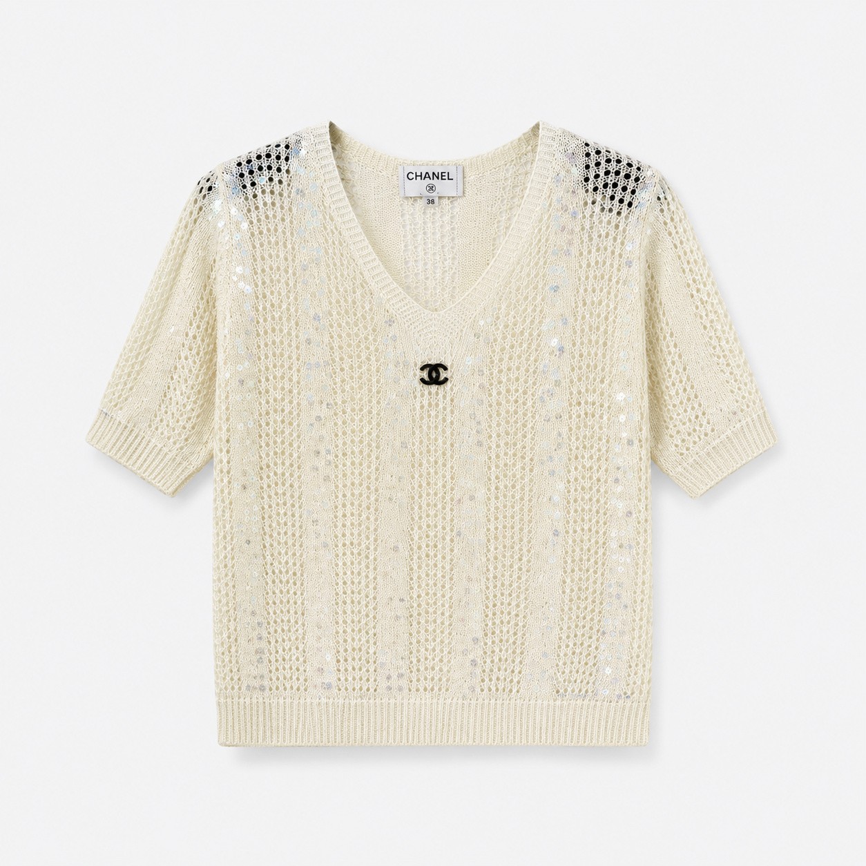 シャネル ロゴ刺繍 透かし編み Vネック ニットTシャツ