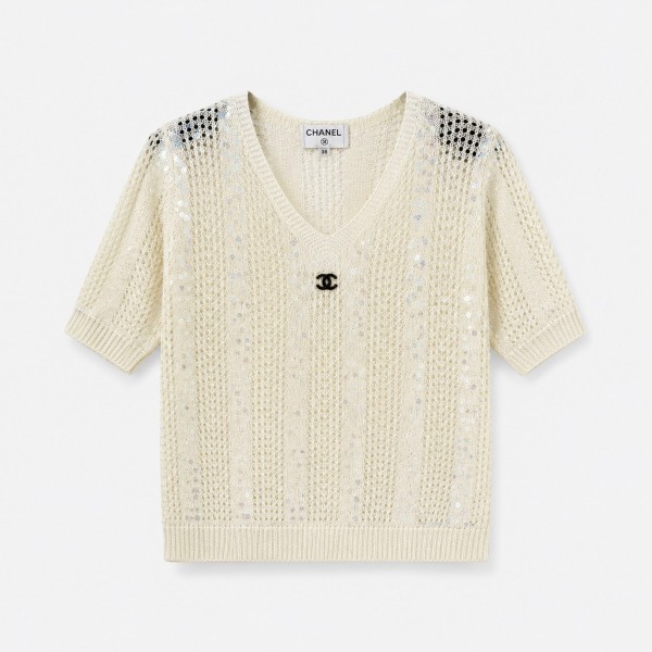 シャネル ロゴ刺繍 透かし編み Vネック ニットTシャツ