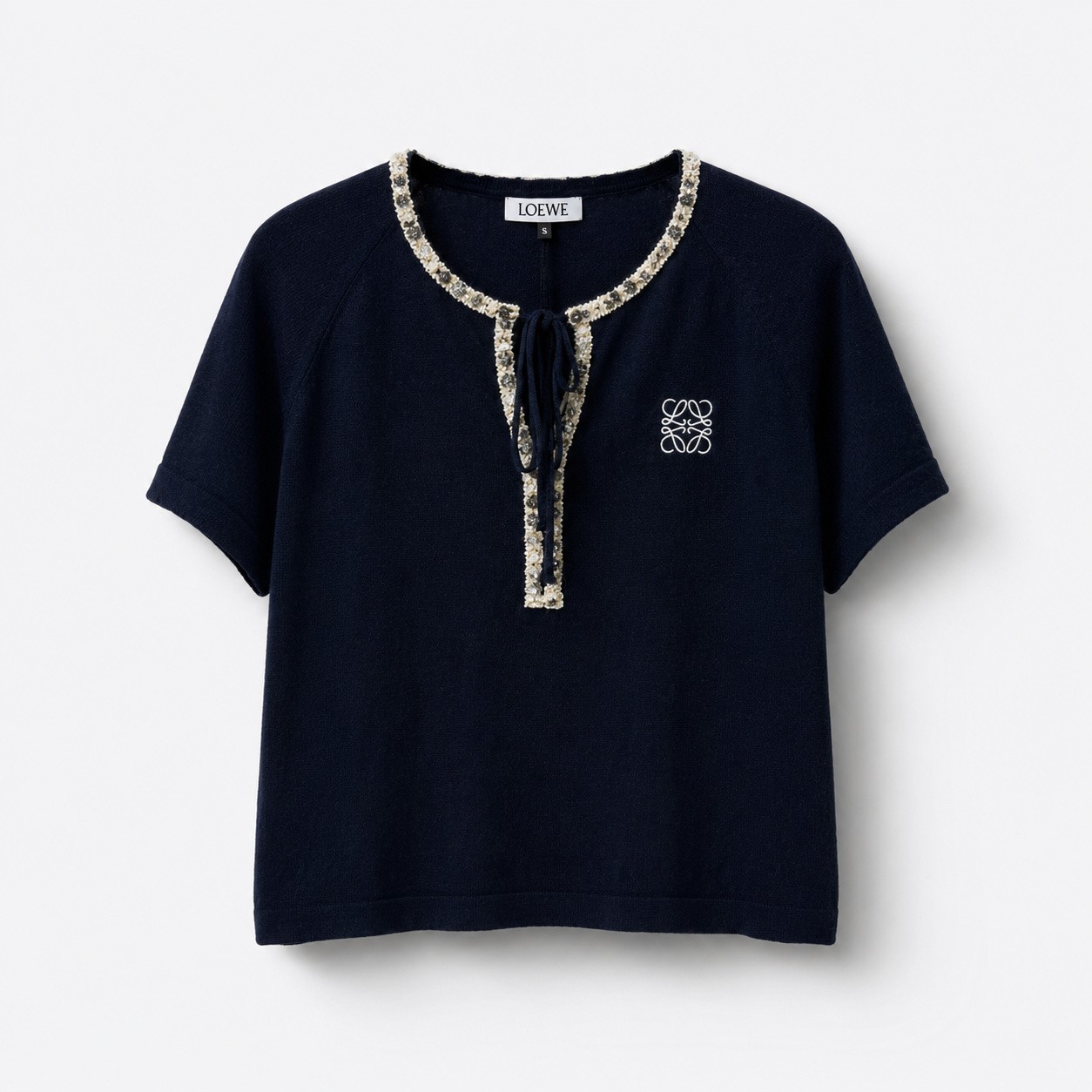 ロエベ フローラル ロゴ刺繍 ドローコード ニットTシャツ