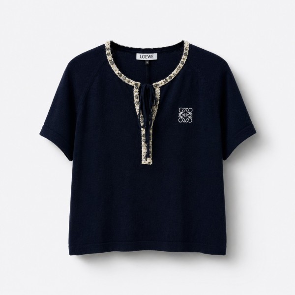 ロエベ フローラル ロゴ刺繍 ドローコード ニットTシャツ