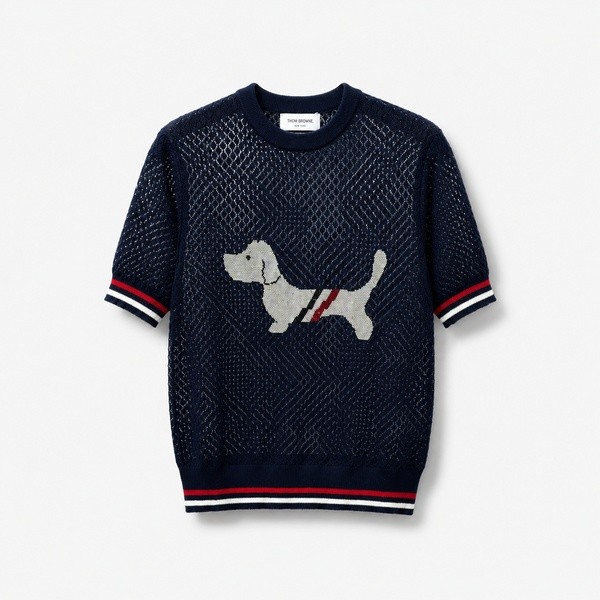 トムブラウン グラフィックプリント ドッグモチーフ 透かし編み クリスタル装飾 ニットTシャツ