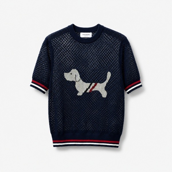 トムブラウン グラフィックプリント ドッグモチーフ 透かし編み クリスタル装飾 ニットTシャツ