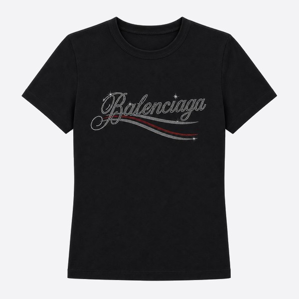 バレンシアガ ラインストーンロゴ ウォッシュ加工Tシャツ