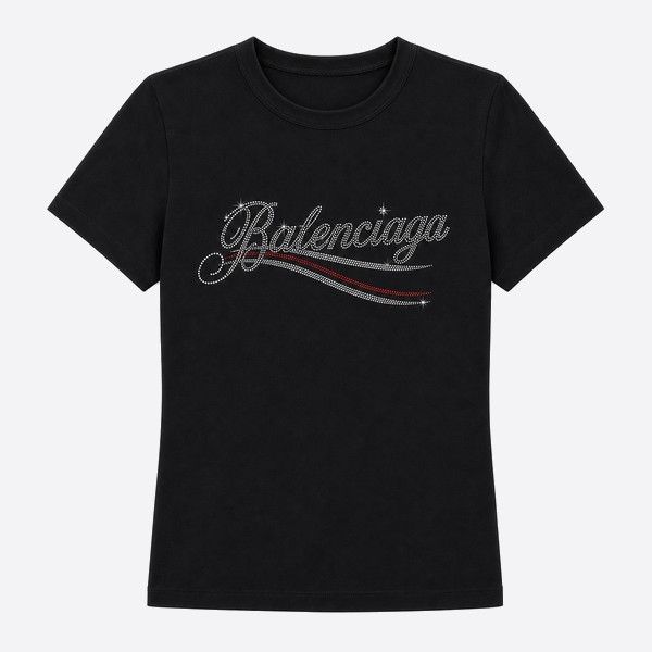 バレンシアガ ラインストーンロゴ ウォッシュ加工Tシャツ