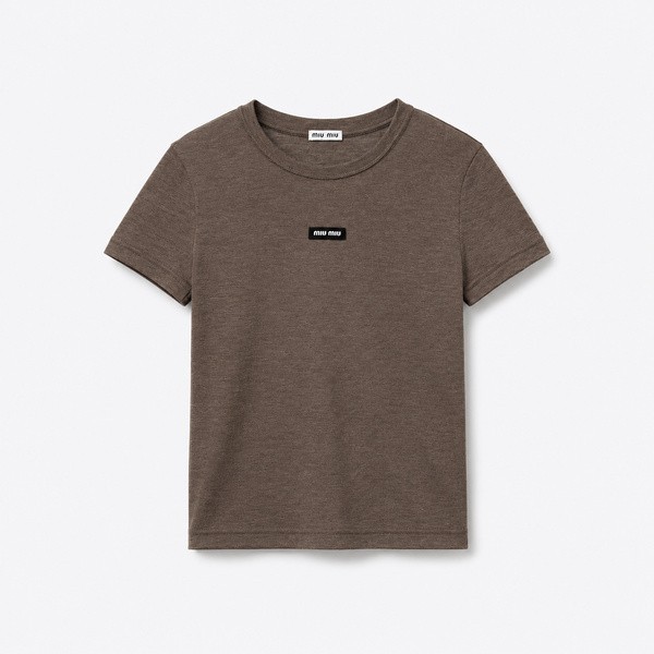 ミュウミュウ 刺繍ロゴ ウール 半袖Tシャツ トープ