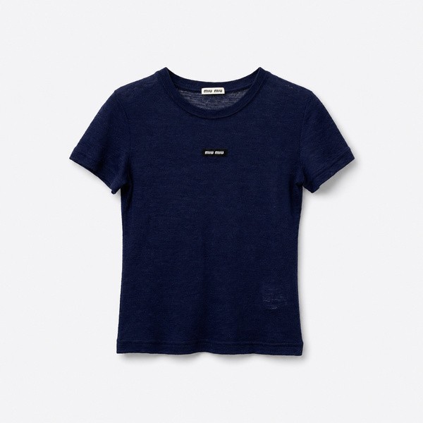 ミュウミュウ 刺繍ロゴ ウール 半袖Tシャツ ネイビー