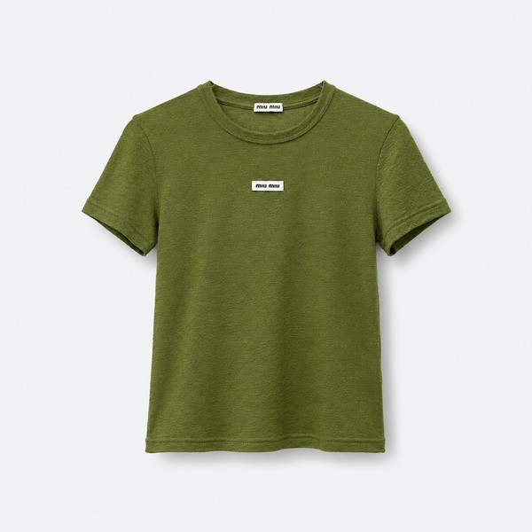 ミュウミュウ 刺繍ロゴ ウール 半袖Tシャツ オリーブ