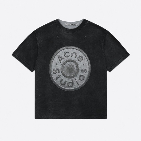アクネ ストゥディオズ ダメージ加工 ボタンロゴ Tシャツ ブラックメランジ CL0294-975