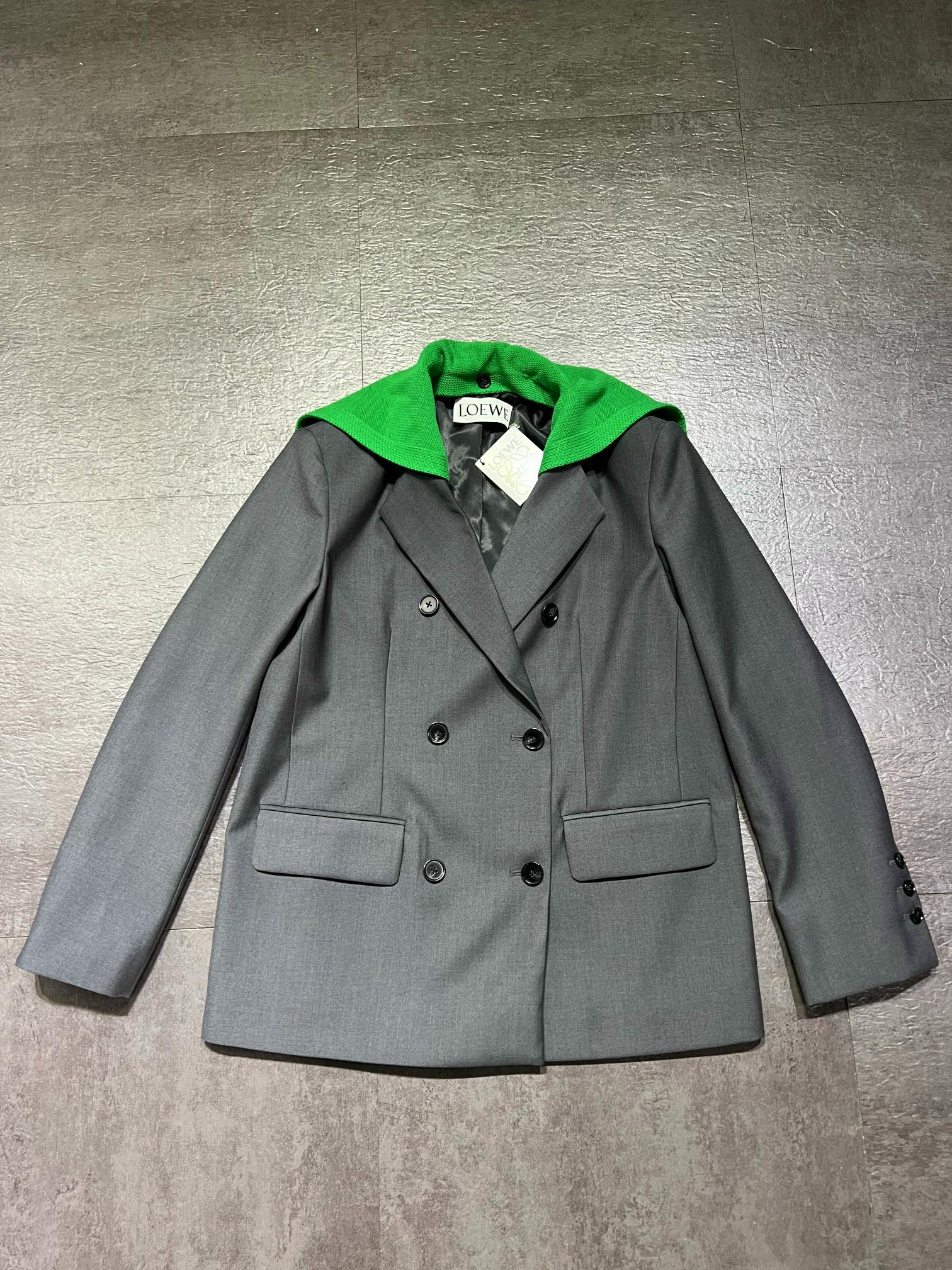 ロエベ 取り外し可能ショールカラー ダブルブレスト ウールジャケット グレー/グリーン 詳細画像 1
