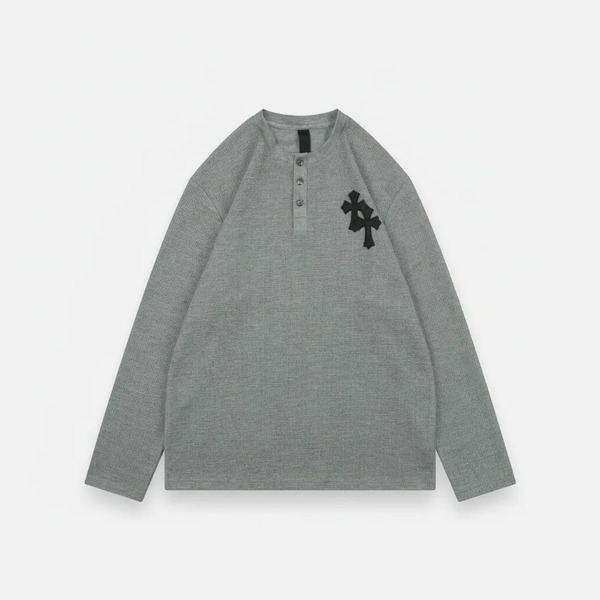 クロムハーツ レザークロスパッチ ワッフル ヘンリーネック ロングスリーブ Tシャツ グレー