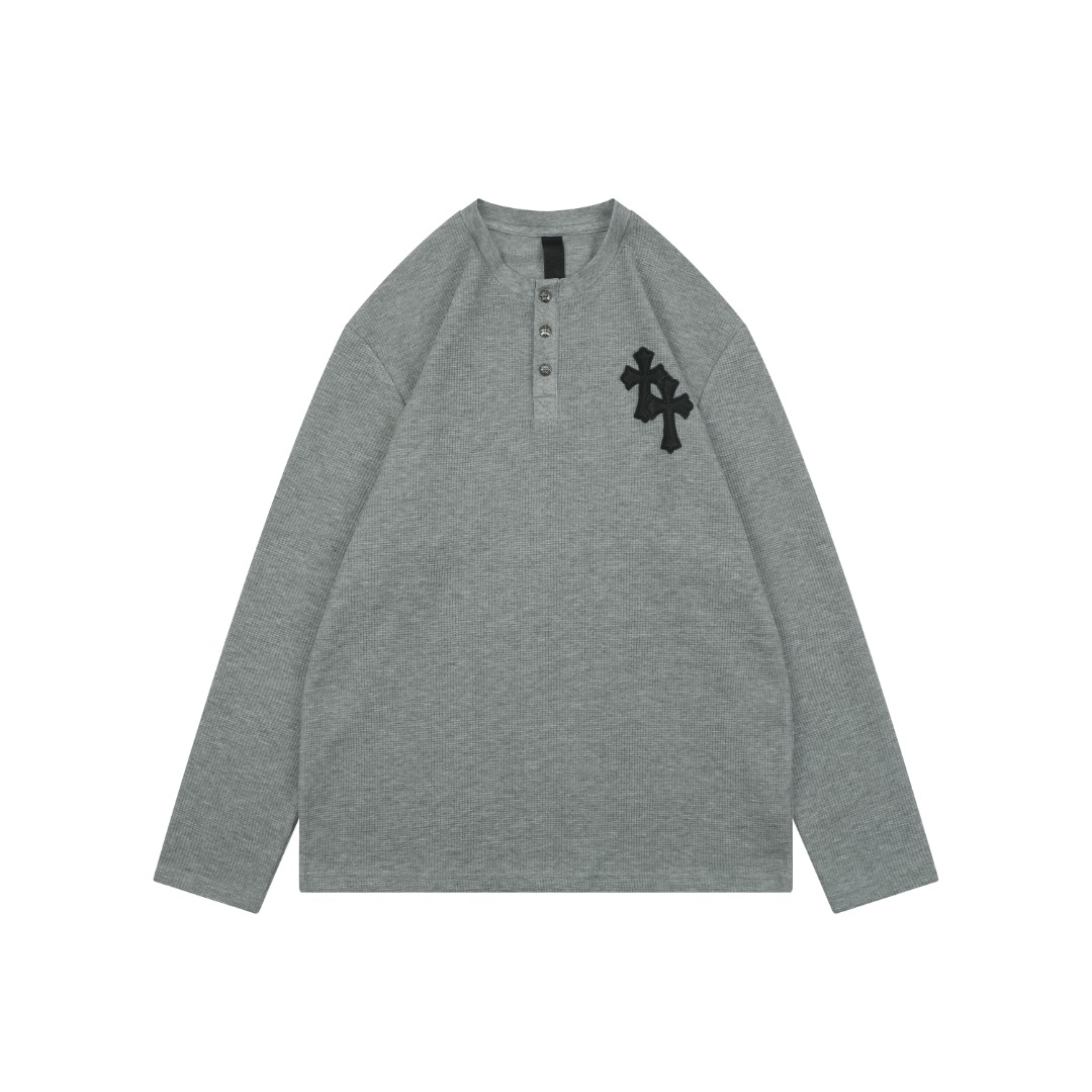 クロムハーツ レザークロスパッチ ワッフル ヘンリーネック ロングスリーブ Tシャツ グレー 詳細画像 1