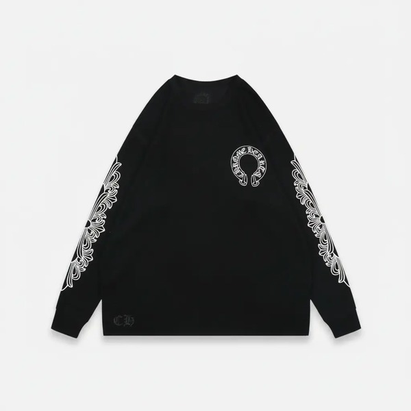 クロムハーツ ホースシュー ロゴ フローラル スクロール スリーブ プリント ワッフル ロングスリーブ Tシャツ ブラック