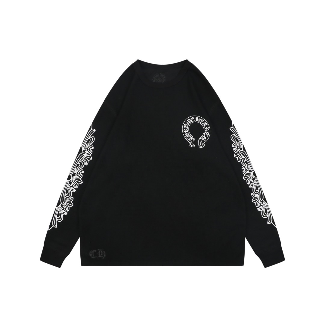 クロムハーツ ホースシュー ロゴ フローラル スクロール スリーブ プリント ワッフル ロングスリーブ Tシャツ ブラック 詳細画像 1
