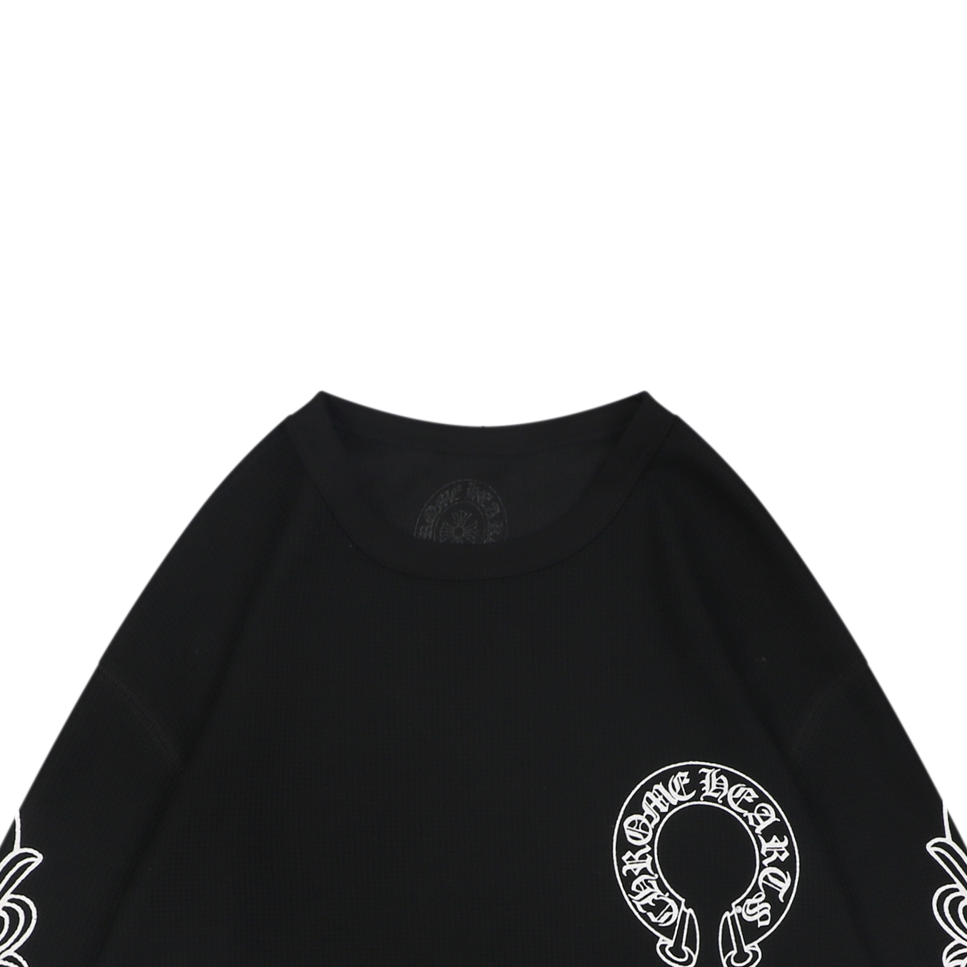 クロムハーツ ホースシュー ロゴ フローラル スクロール スリーブ プリント ワッフル ロングスリーブ Tシャツ ブラック 詳細画像 3