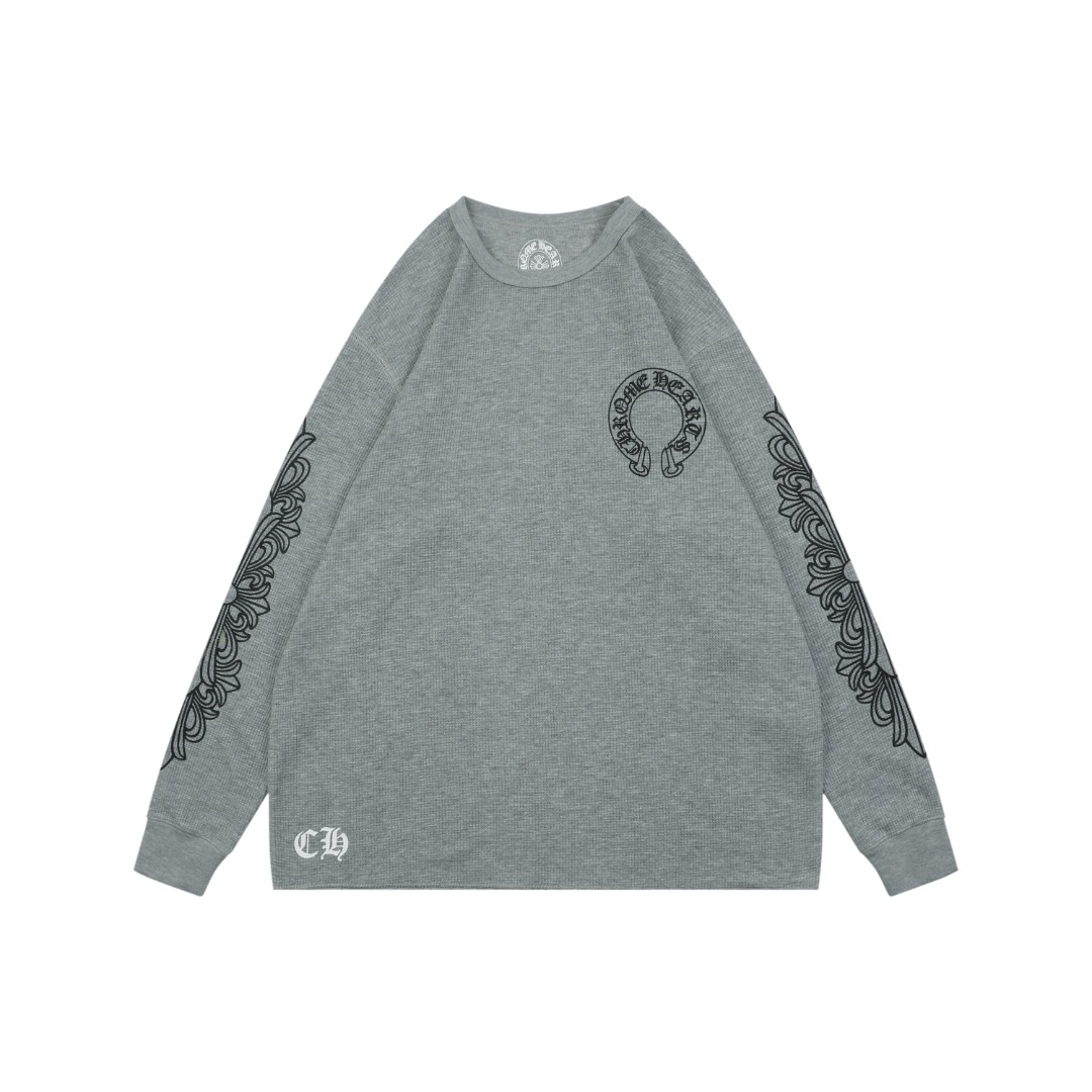 クロムハーツ ホースシュー ロゴ フローラル スクロール スリーブ プリント ワッフル ロングスリーブ Tシャツ グレー 詳細画像 1