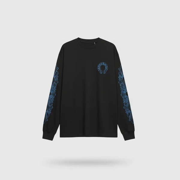 クロムハーツ 長袖Tシャツ ブラック ブルークロス袖プリント