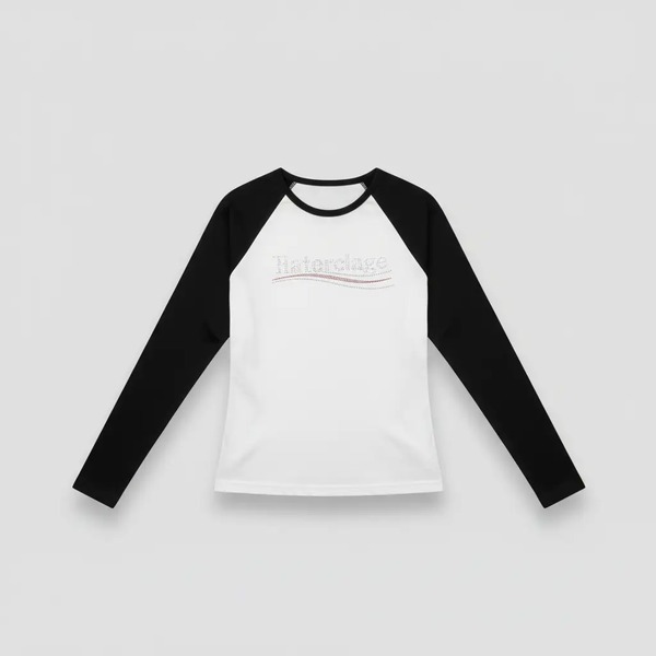 ラグラン長袖Tシャツ ラインストーン ホワイト×ブラック