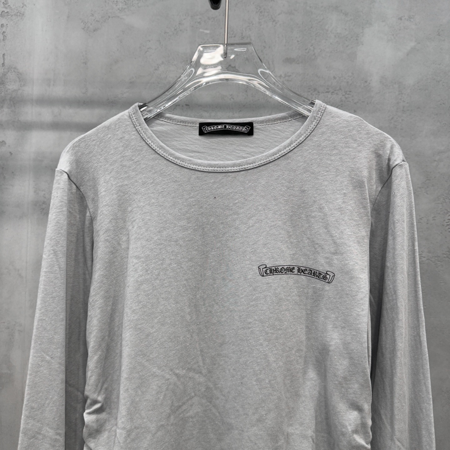 クロムハーツ スクロールロゴプリント ギャザー ロングスリーブTシャツ ヘザーグレー 詳細画像 3