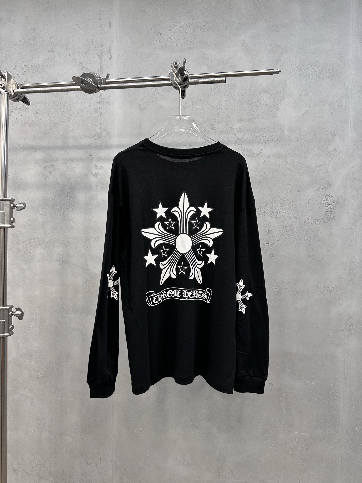 クロムハーツ リネンコットン クロスプリント長袖Tシャツ ブラック 詳細画像 2