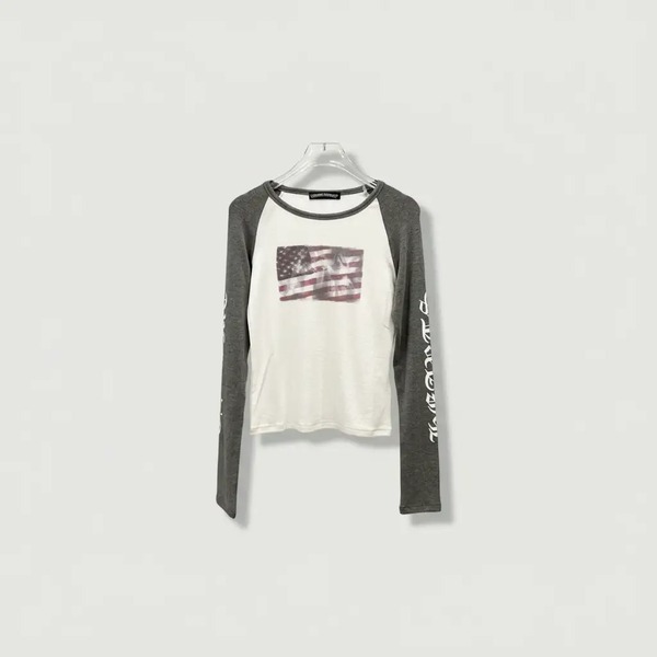 クロムハーツ アメリカンフラッグプリント ウォッシュド ラグランロングスリーブTシャツ ホワイト/グレー