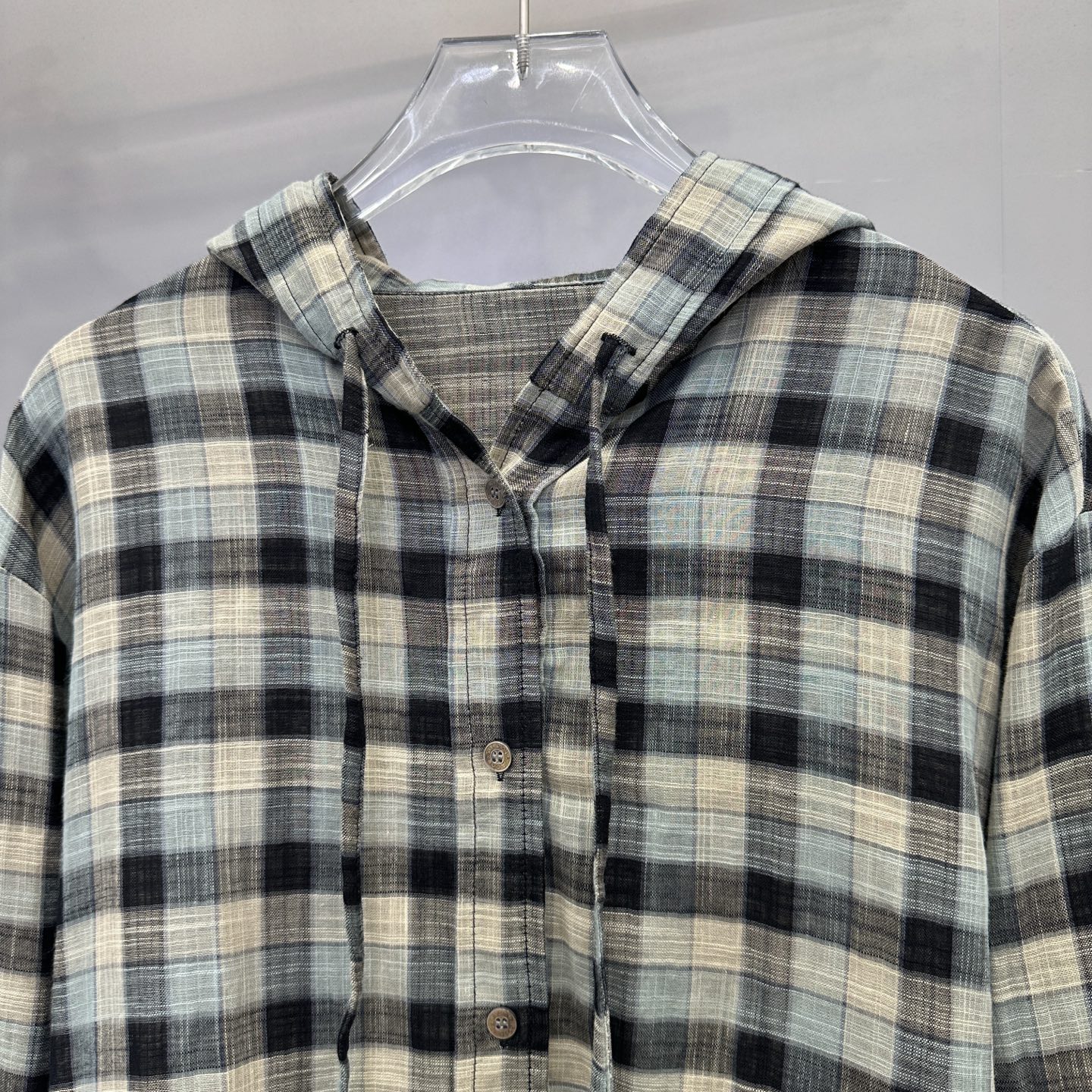 アクネ ストゥディオズ フーデッド チェックシャツジャケット ブラック×ホワイト 詳細画像 3